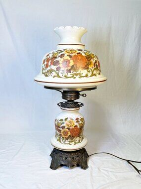 Vntg Quoizel 1973 Milk Glass Brown Floral 3 Way Gone w/the Wind Hurricane Lamp